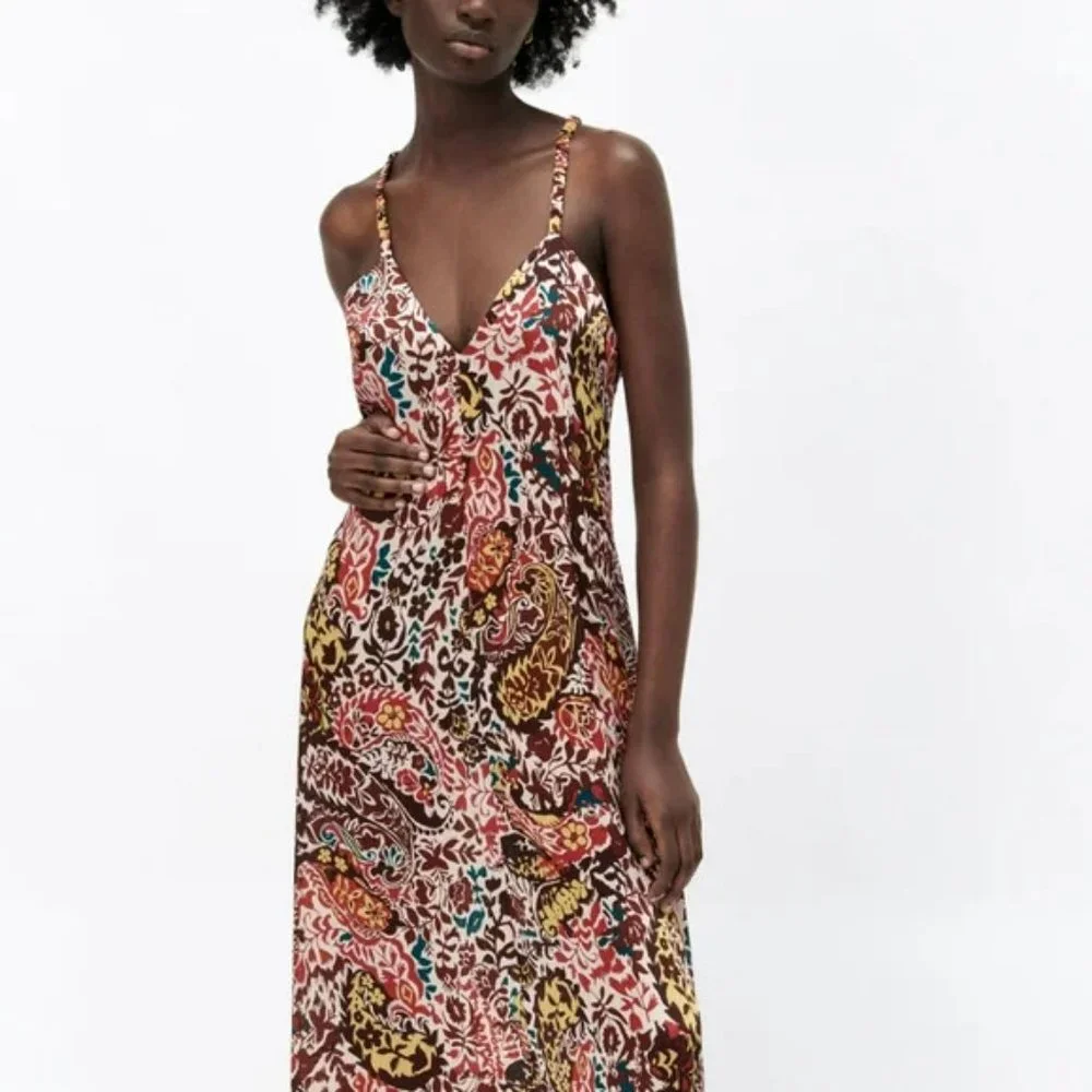 Zara Bordeaux Floral Print Maxi Dress.  SZ XS
